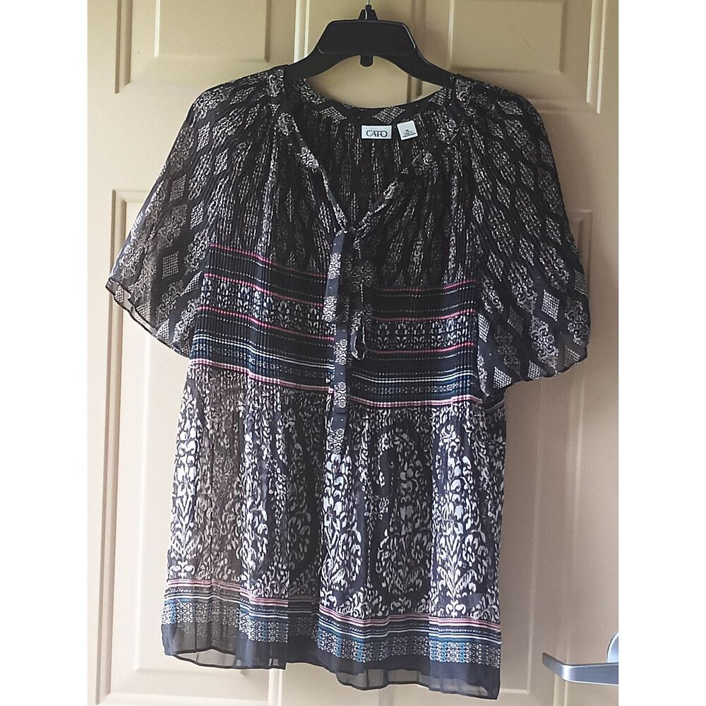 Cato Boho Micro Pleated Sheer Geometric Paisley Tie Neck Blouse XL